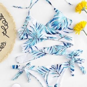 romwe blue palm leaf wrap around bikini set
